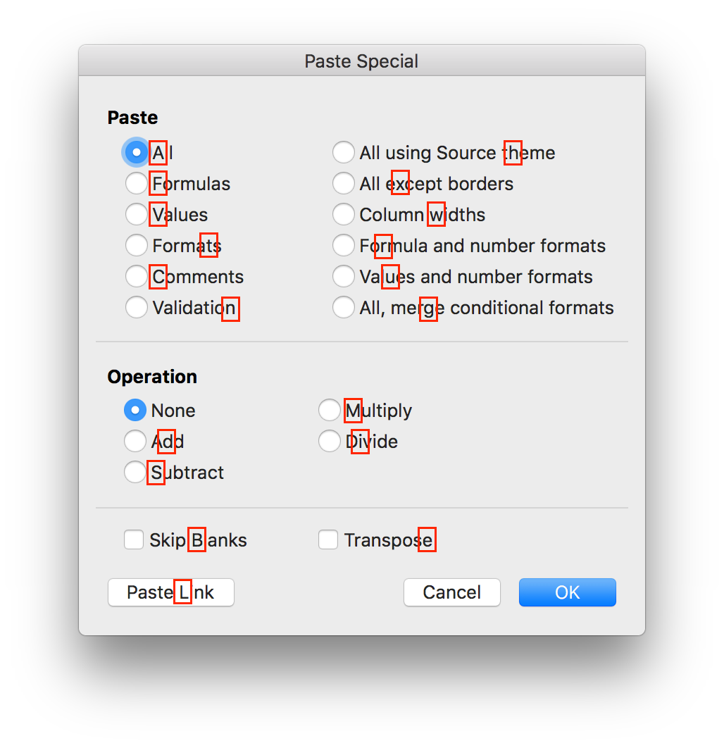 shortcut to paste special values excel for mac 2016